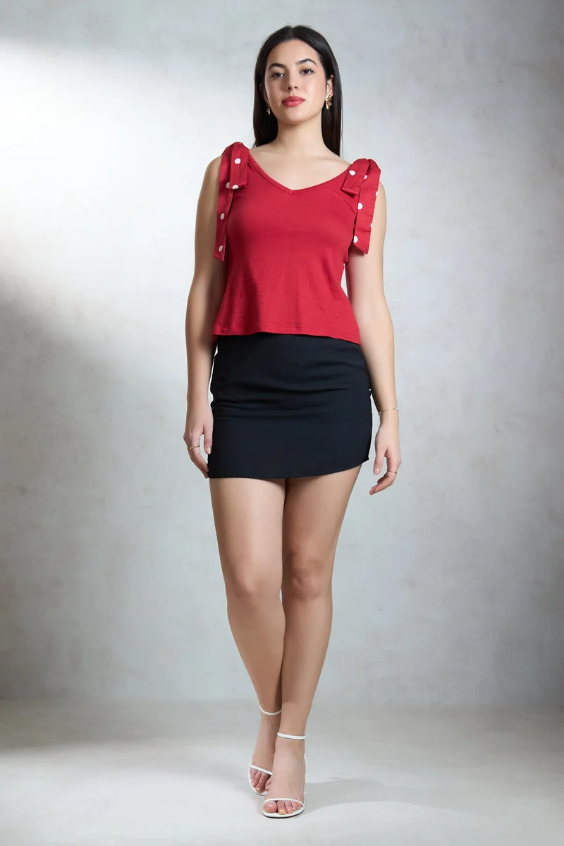 فيرجيو Printed Cotton Red Knit Top With Shoulder Bow for Women