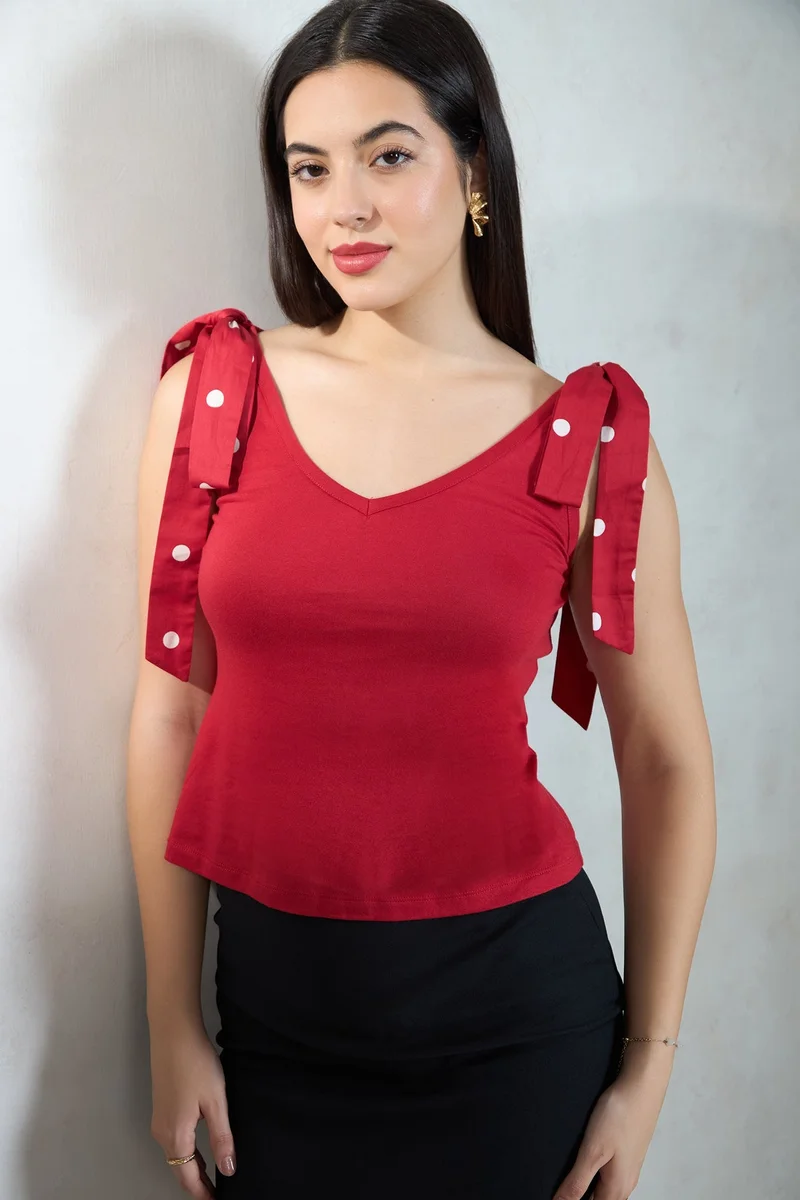 فيرجيو Printed Cotton Red Knit Top With Shoulder Bow for Women