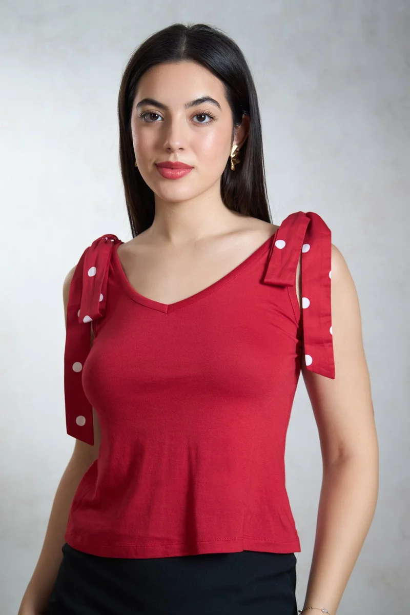 Virgio Red Printed Cotton Red Knit Top With Shoulder Bow for Women for Women | Best Price UAE