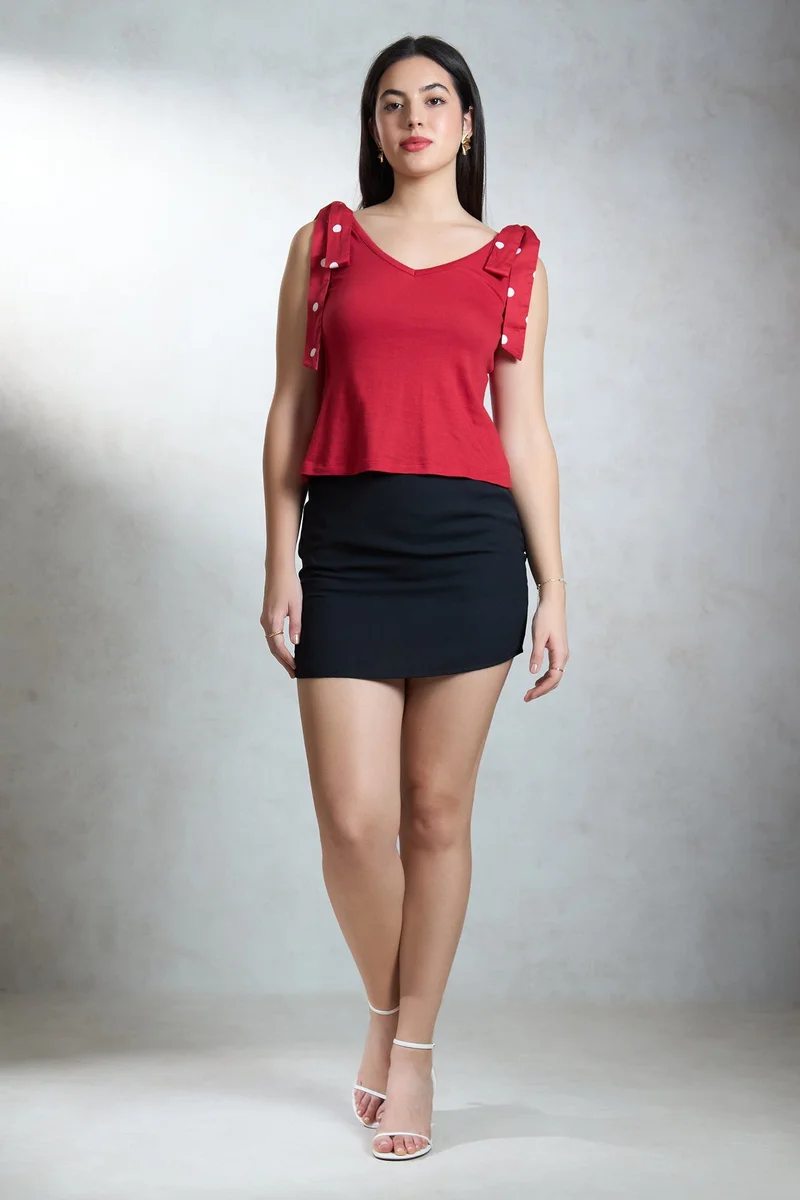 فيرجيو Printed Cotton Red Knit Top With Shoulder Bow for Women
