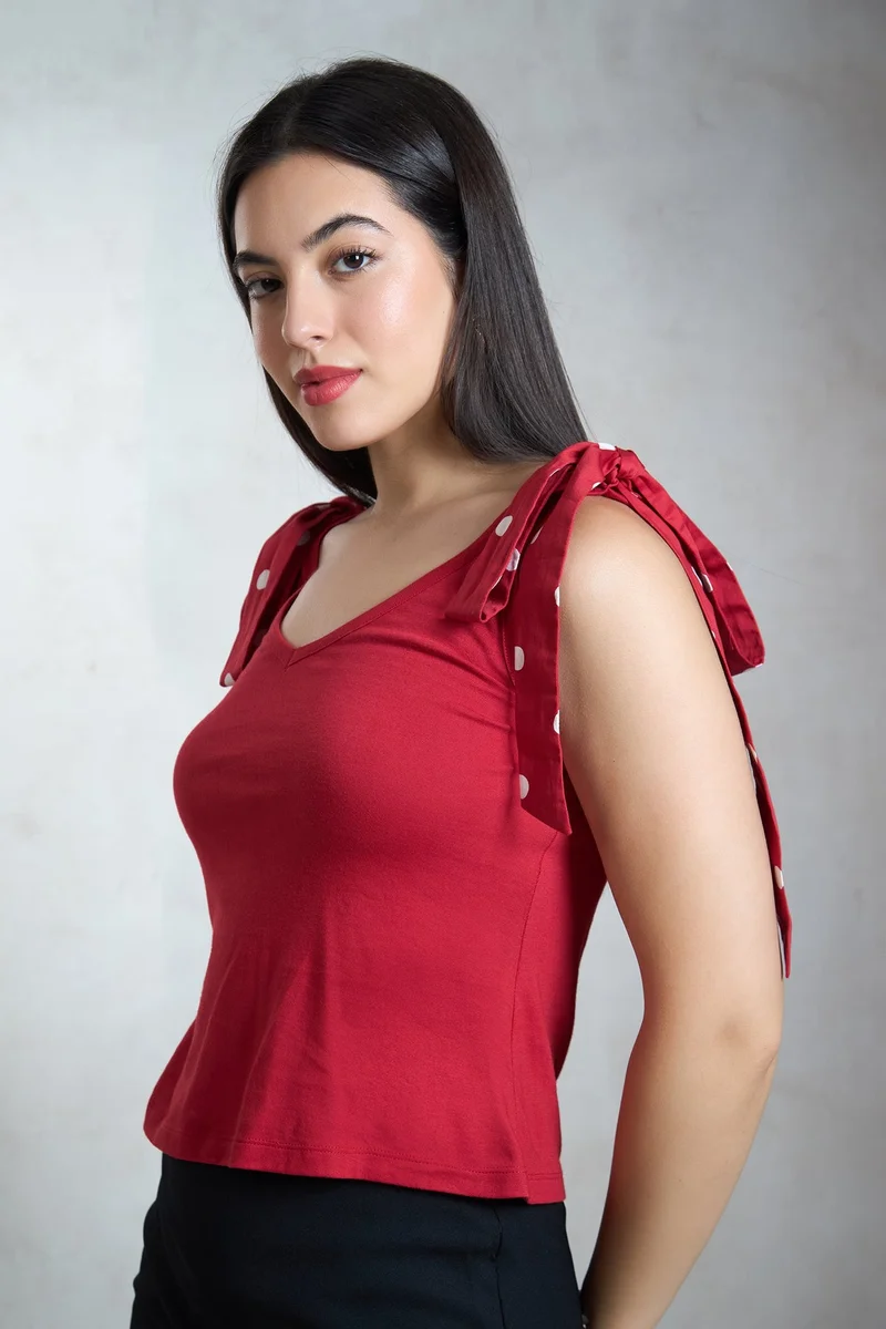 Virgio Red Printed Cotton Red Knit Top With Shoulder Bow for Women for Women | Best Price UAE