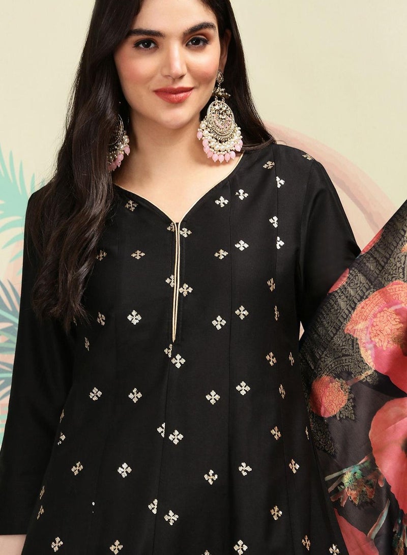 ISHIN Women's Black Polyester Blend Embellished Tunic Full Length Casual Straight Fit Kurta Set  - Image 2