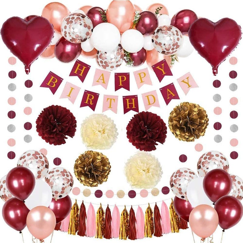 SKEFOLI Birthday Decorations for Women, Pink Birthday Party Decorations with White Balloons Happy Birthdays Banner for Bachelorette Wedding Lady 30th 40th (Burgundy) - Image 1