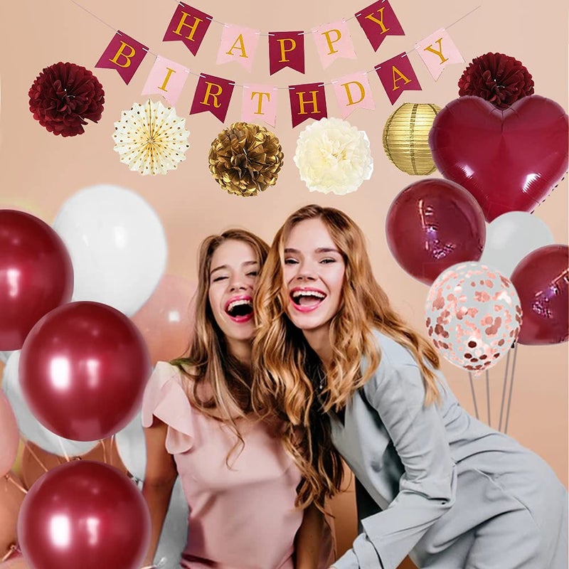 SKEFOLI Birthday Decorations for Women, Pink Birthday Party Decorations with White Balloons Happy Birthdays Banner for Bachelorette Wedding Lady 30th 40th (Burgundy) - Image 5