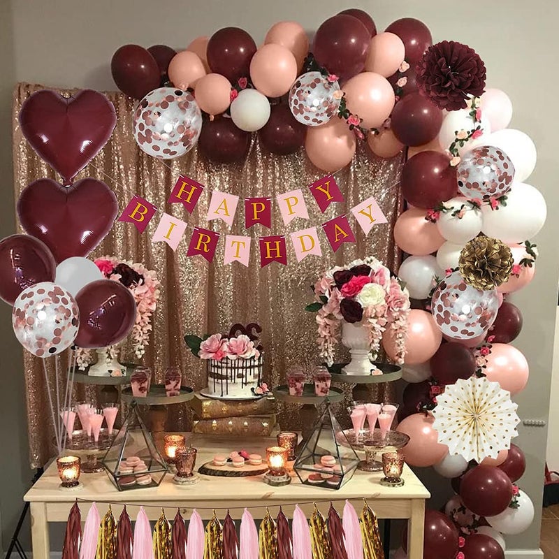 SKEFOLI Birthday Decorations for Women, Pink Birthday Party Decorations with White Balloons Happy Birthdays Banner for Bachelorette Wedding Lady 30th 40th (Burgundy) - Image 3