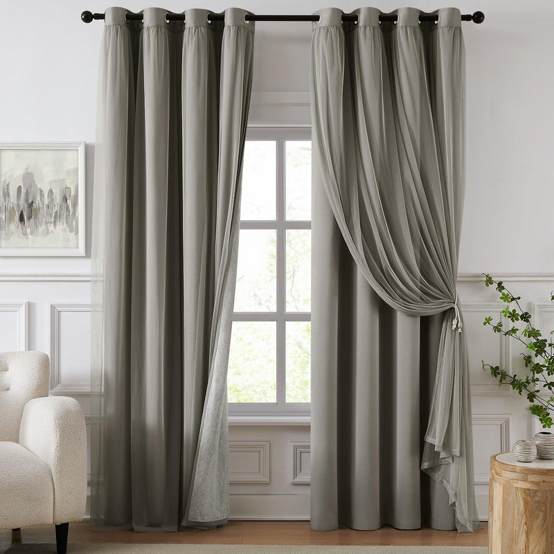 Swandream 100% Blackout Curtains for Bedroom, Double Layer Grey Curtains, Black Out Curtain 84 inch Long with Sheer Overlay for Living Room, Room Darkening Window Drapes with Grommet, 52" W x 84" L - Image 1