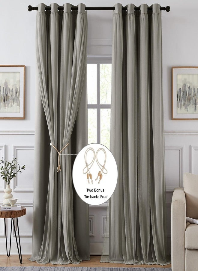 Swandream 100% Blackout Curtains for Bedroom, Double Layer Grey Curtains, Black Out Curtain 84 inch Long with Sheer Overlay for Living Room, Room Darkening Window Drapes with Grommet, 52" W x 84" L - Image 2