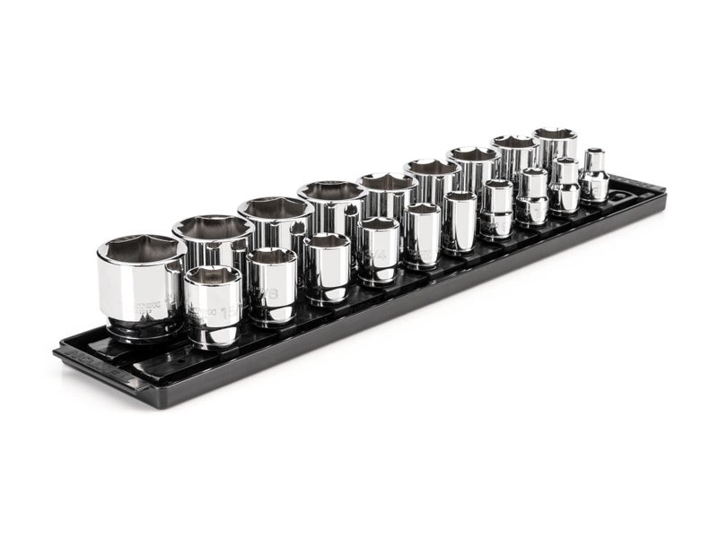 TEKTON 12 Inch Drive 6Point Socket Set with Rails and Tray 19Piece 38112 in SHD92122
