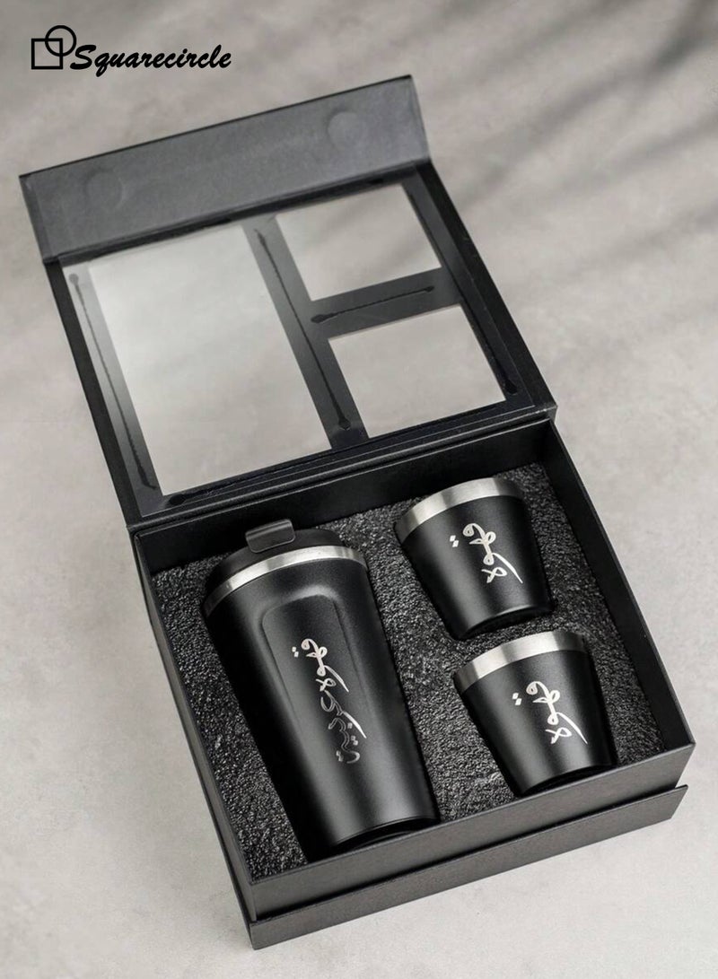 دائرة مربعة ترمس قهوة عربية مع كوبين – سعة 510 مل، ستانلس ستيل معزول حرارياً، غطاء مانع للتسرب، يحافظ على الحرارة لفترة أطول - Image 4