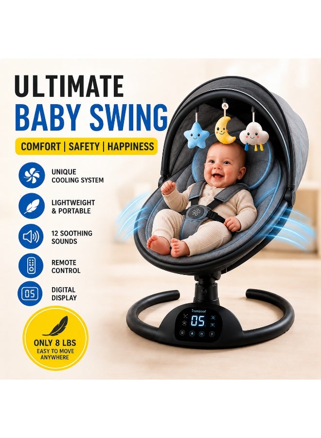 Premium Baby Swing for Infants and Newborns, Cooling Fabric, Bluetooth Music, 5 Swing Speeds, 3 Recline Positions, Digital Display, Remote Control, 12 Soothing Sounds, Portable Baby Swing with Canopy and Toys - Image 1
