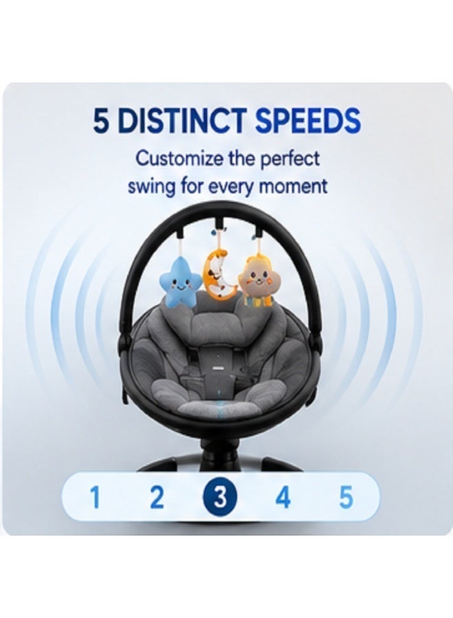 Premium Baby Swing for Infants and Newborns, Cooling Fabric, Bluetooth Music, 5 Swing Speeds, 3 Recline Positions, Digital Display, Remote Control, 12 Soothing Sounds, Portable Baby Swing with Canopy and Toys - Image 5