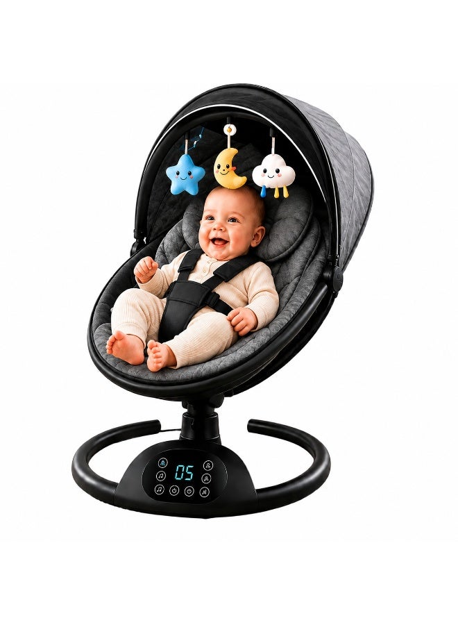 Premium Baby Swing for Infants and Newborns, Cooling Fabric, Bluetooth Music, 5 Swing Speeds, 3 Recline Positions, Digital Display, Remote Control, 12 Soothing Sounds, Portable Baby Swing with Canopy and Toys - Image 1
