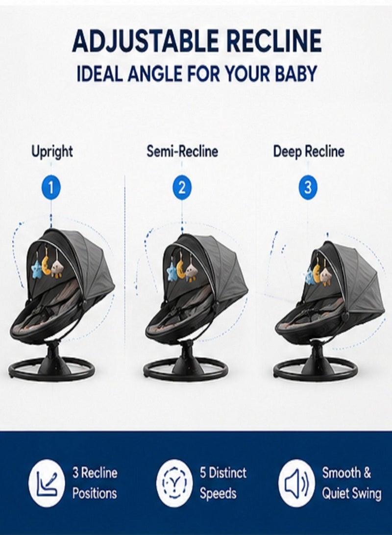Premium Baby Swing for Infants and Newborns, Cooling Fabric, Bluetooth Music, 5 Swing Speeds, 3 Recline Positions, Digital Display, Remote Control, 12 Soothing Sounds, Portable Baby Swing with Canopy and Toys - Image 3