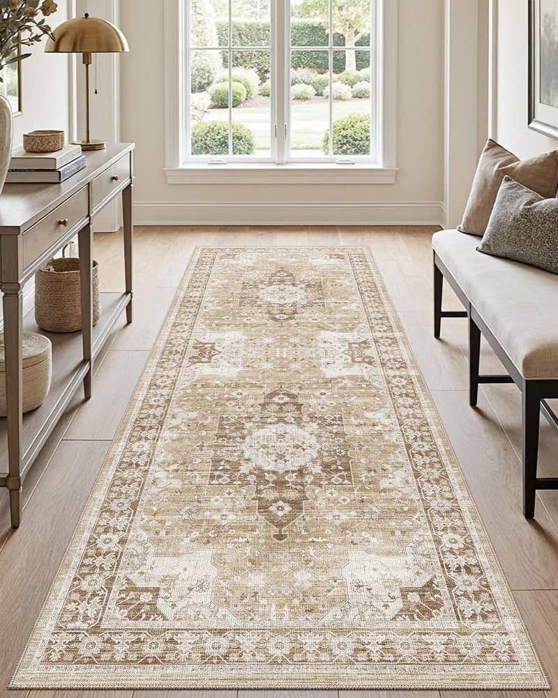 DEXI Area Runner Rug for Hallway, 90x210 cm Washable Vintage Farmhouse Thin Floor Mat, Non Slip Stain Resistant Low Pile Carpet for Living Room, Dining Room, Bedroom, Office, Beige - Image 1