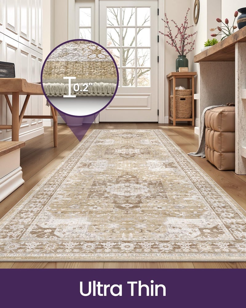 DEXI Area Runner Rug for Hallway, 90x210 cm Washable Vintage Farmhouse Thin Floor Mat, Non Slip Stain Resistant Low Pile Carpet for Living Room, Dining Room, Bedroom, Office, Beige - Image 3