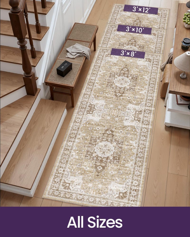 DEXI Area Runner Rug for Hallway, 90x210 cm Washable Vintage Farmhouse Thin Floor Mat, Non Slip Stain Resistant Low Pile Carpet for Living Room, Dining Room, Bedroom, Office, Beige - Image 2