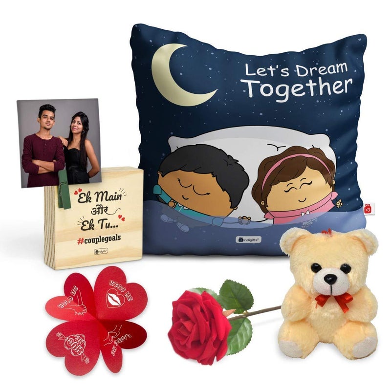 Indigifts Indigifts Valentine Gifts Set Conjugated Fiber Satin Cushion Cover with Filler Combo 12x 12 inches 1 Cushion Cover 1 Filler Wooden Frame 1 Rose 1 Greeting Card 1 Teddy - Image 2
