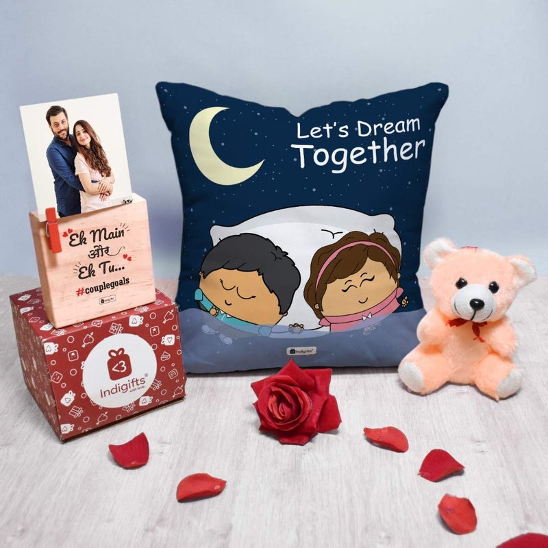 Indigifts Indigifts Valentine Gifts Set Conjugated Fiber Satin Cushion Cover with Filler Combo 12x 12 inches 1 Cushion Cover 1 Filler Wooden Frame 1 Rose 1 Greeting Card 1 Teddy - Image 1