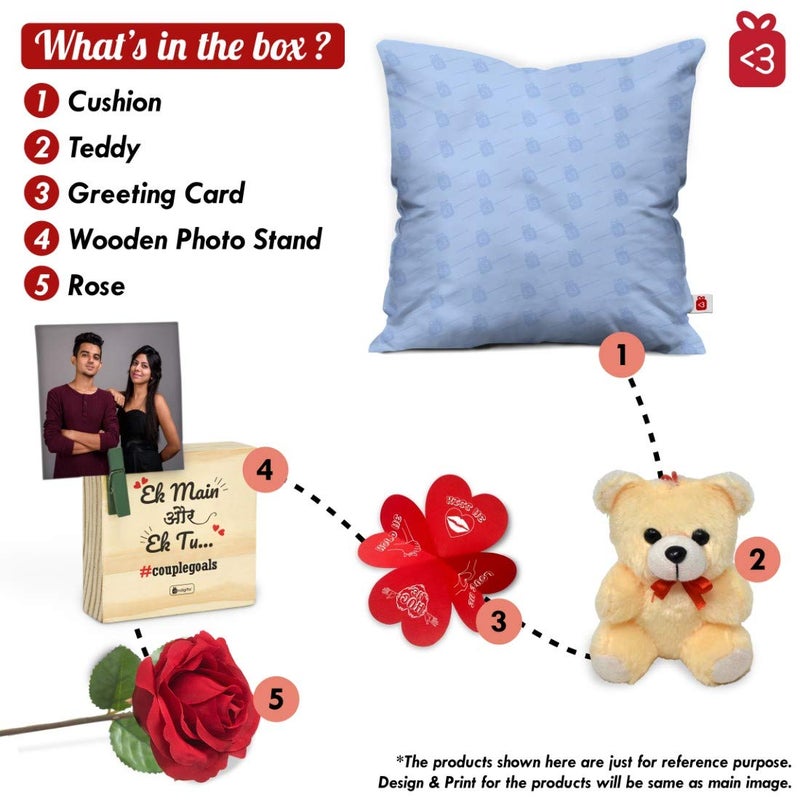 Indigifts Indigifts Valentine Gifts Set Conjugated Fiber Satin Cushion Cover with Filler Combo 12x 12 inches 1 Cushion Cover 1 Filler Wooden Frame 1 Rose 1 Greeting Card 1 Teddy - Image 5