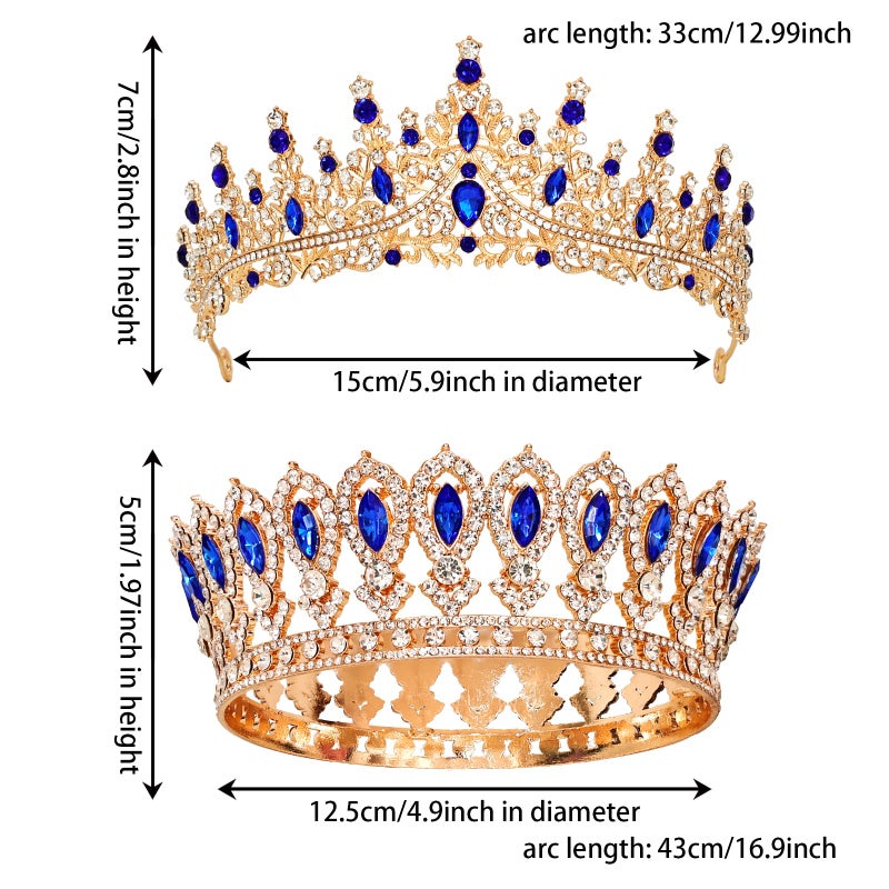 LOTADILO 2 PCS King and Queen Crowns Set Blue Tiaras Crown for Men Women Prom Royal Crown Set Costume Prince Princess Tiara for Christmas Valentine's Day Birthday Wedding Headwear Cosplay Accessory - Image 2