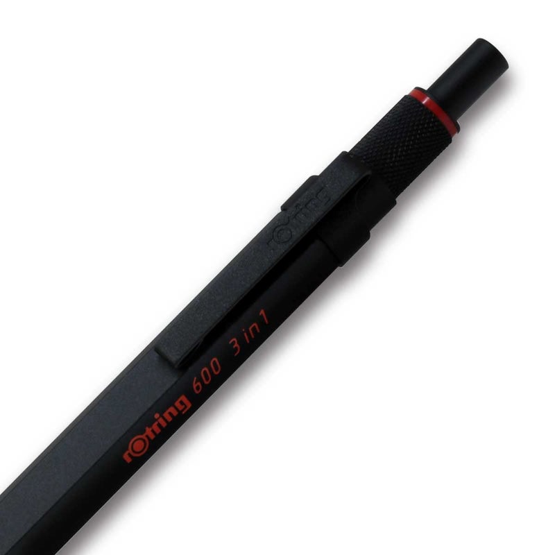 Rotring 600 3-in-1 Multicolor Pen and Mechanical Pencil, Black Barrel, Brass Mechanism, Fine Point Tips, Hexagonal Barrel, Metal Knurled Grip - Image 3