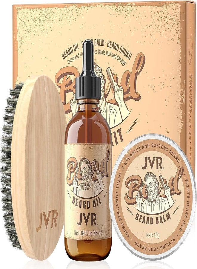 JVR Beard Grooming Kit for Men, Beard Care Kit Includes Oil and Balm,100% Boar Brush Vegan Just for Men Mustache, Perfect Gifts for Him Man Dad Boyfriend - Image 1