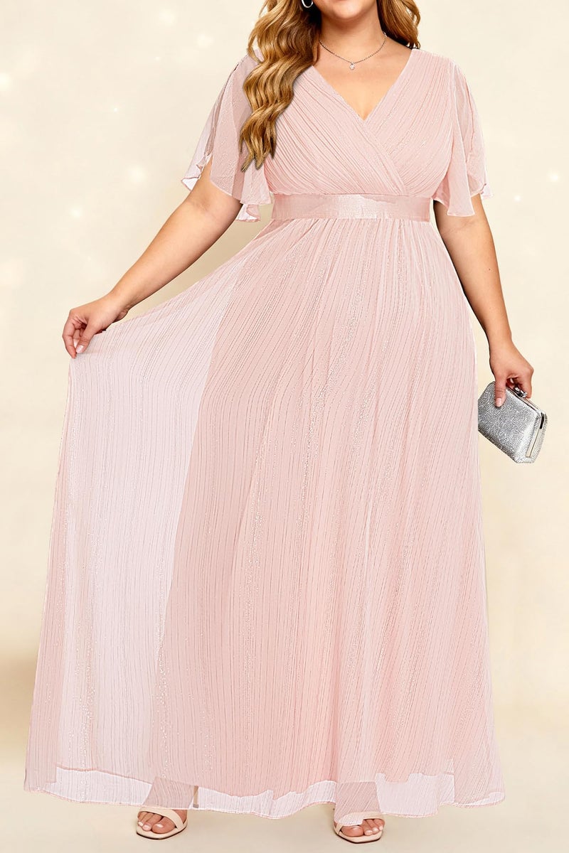 Talisea Plus Size Pink Dresses Chiffon Bridesmaid Wedding Guest Cocktail Short Sleeve V Neck A-Line Floor Length Dress - Image 3