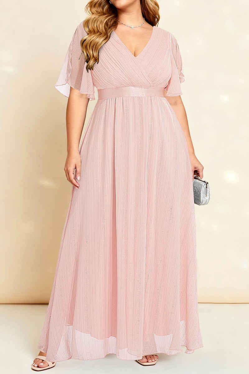 Talisea Plus Size Pink Dresses Chiffon Bridesmaid Wedding Guest Cocktail Short Sleeve V Neck A-Line Floor Length Dress - Image 2
