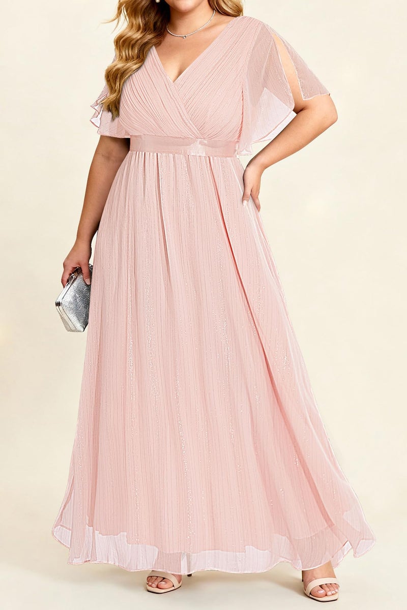 Talisea Plus Size Pink Dresses Chiffon Bridesmaid Wedding Guest Cocktail Short Sleeve V Neck A-Line Floor Length Dress - Image 4