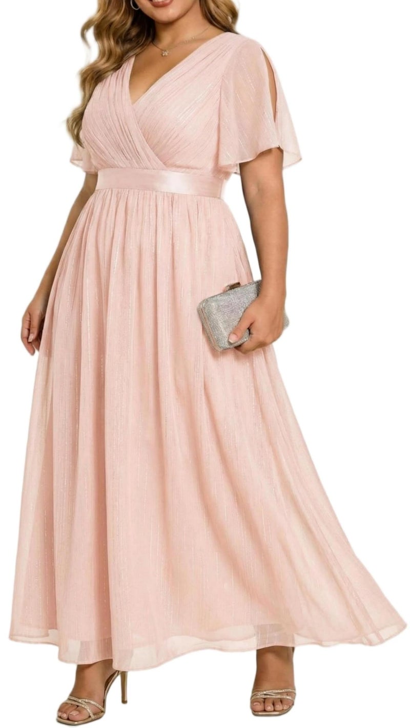 Talisea Plus Size Pink Dresses Chiffon Bridesmaid Wedding Guest Cocktail Short Sleeve V Neck A-Line Floor Length Dress - Image 1