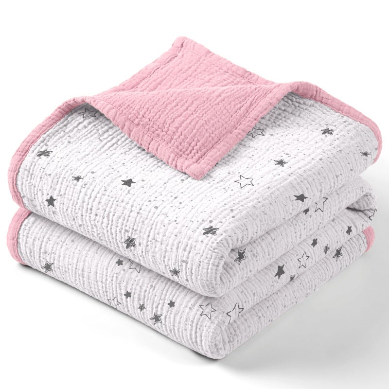 Lulu moon Muslin Baby Blanket Cotton Quilt Blankets for Toddlers Reversible Nursery Crib Blanket for Baby Boys and Girls 47x47Pink Star