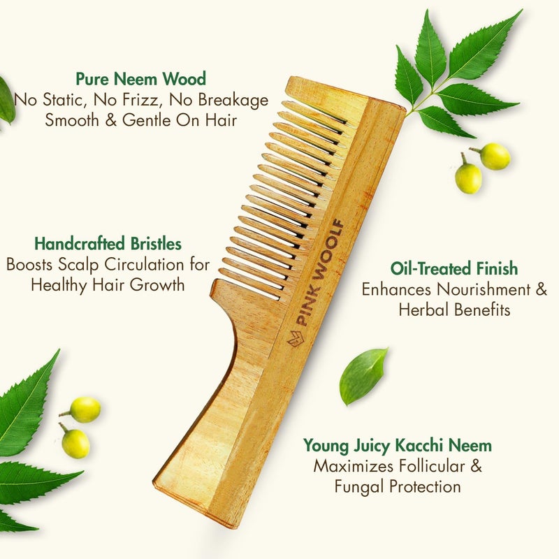 PINK WOOLF Neem Wood Comb for Hair Growth & Hair Fall Control | Handcrafted Katchhi Neem Comb with Wide Teeth for Gentle Scalp Massage | Natural Wooden Comb for Women & Men, Anti-Static Haircare | - Image 2