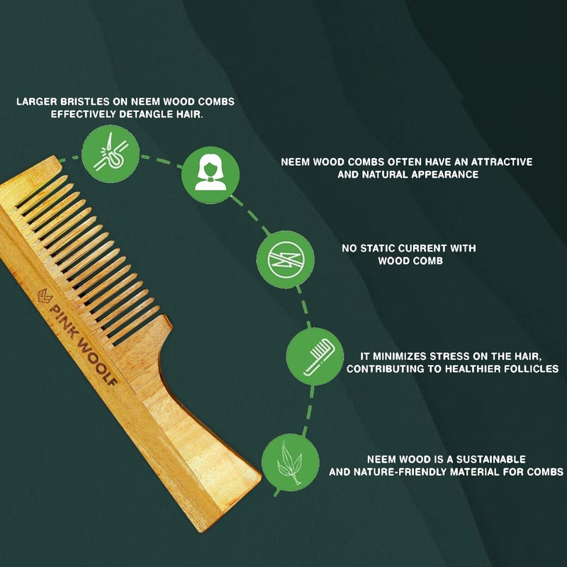 PINK WOOLF Neem Wood Comb for Hair Growth & Hair Fall Control | Handcrafted Katchhi Neem Comb with Wide Teeth for Gentle Scalp Massage | Natural Wooden Comb for Women & Men, Anti-Static Haircare | - Image 3