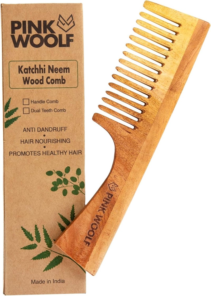 PINK WOOLF Neem Wood Comb for Hair Growth & Hair Fall Control | Handcrafted Katchhi Neem Comb with Wide Teeth for Gentle Scalp Massage | Natural Wooden Comb for Women & Men, Anti-Static Haircare | - Image 1