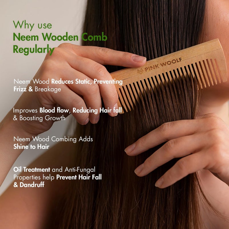 PINK WOOLF Neem Wood Comb for Hair Growth & Hair Fall Control | Handcrafted Katchhi Neem Comb with Wide Teeth for Gentle Scalp Massage | Natural Wooden Comb for Women & Men, Anti-Static Haircare | - Image 4