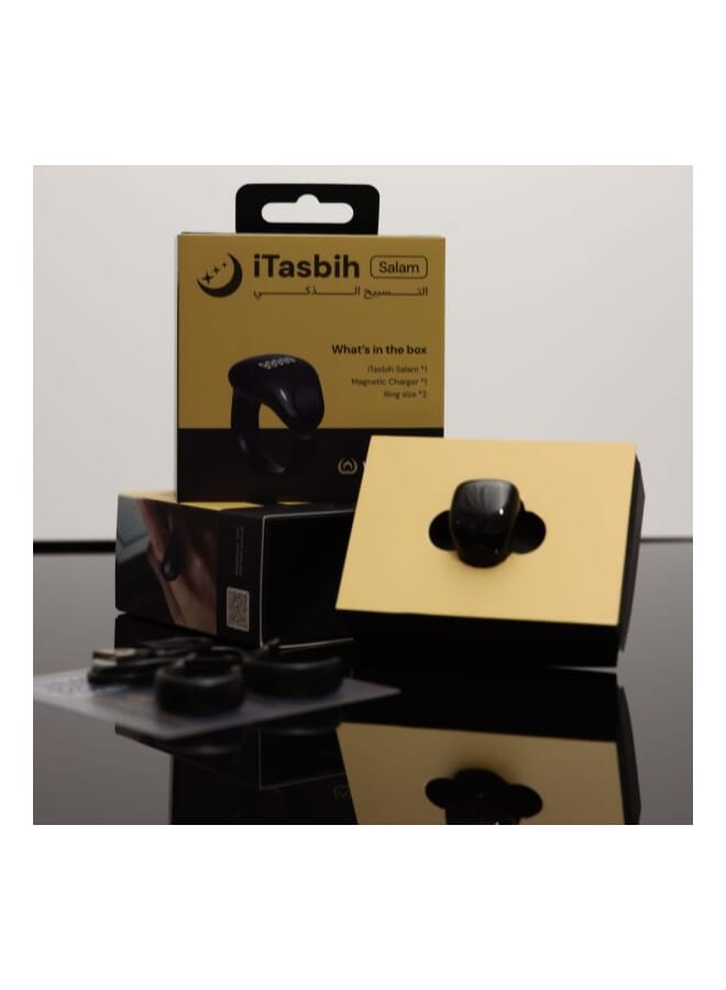 سلام خاتم التسبيح الذكي للتذكير بأوقات الصلاة الإلكتروني مقاوم للماء مع شاحن مغناطيسي أسود (مقاس 18) - Image 1