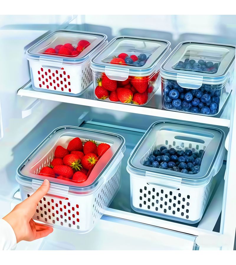 4pcs Blue Large Capacity Fruit Storage Containers With Removable Drain Colander Airtight Food Keeper For Fridge And Dishwasher Safe Extend Freshness For Berries Fruits Vegetables - Image 1