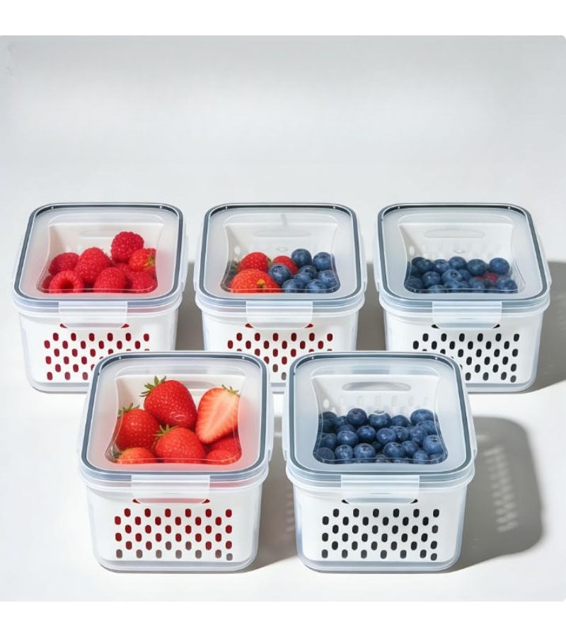 4pcs Blue Large Capacity Fruit Storage Containers With Removable Drain Colander Airtight Food Keeper For Fridge And Dishwasher Safe Extend Freshness For Berries Fruits Vegetables - Image 3