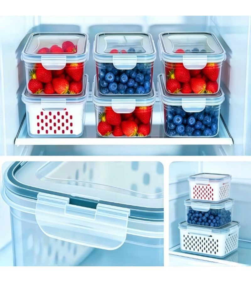4pcs Blue Large Capacity Fruit Storage Containers With Removable Drain Colander Airtight Food Keeper For Fridge And Dishwasher Safe Extend Freshness For Berries Fruits Vegetables - Image 2
