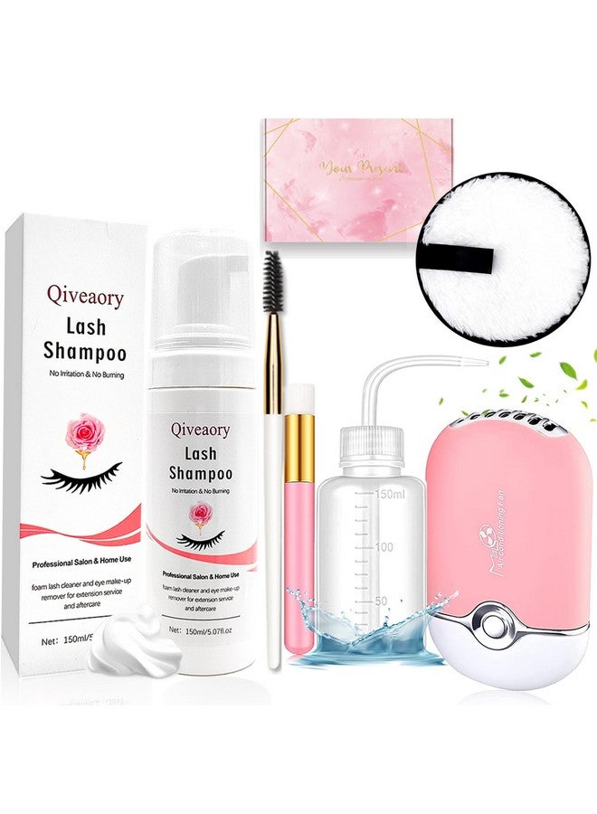 Qiveaory 150ml/5.07fl.oz Eyelash Extension Cleanser, Lash Shampoo for Eyelash Extension Eyelash Brush with Cap USB Lash Fan Mascara Brush Wash Bottle Reusable Makeup Remover Pad, Paraben & Sulfate Free - Image 1