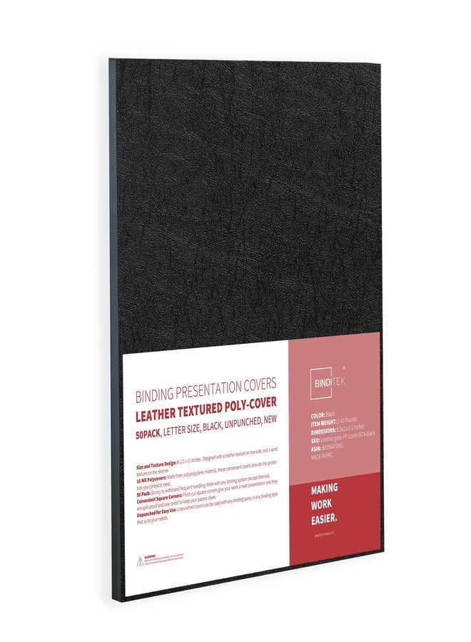 Binditek 50 Pack 16 Mil Leather-Textured Heavyduty Polycovers, Plastic Binding Presentation Covers, Letter Size, 8-1/2 x 11, Unpunched, Square Corners, Black - Image 1