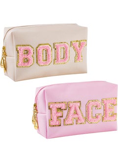Patelai Patelai 2 Pcs Preppy Makeup Bags Chenille Letter Patch Bag Face Skin Hair Stuff Aesthetic Cosmetic Bag Travel Zipper Pouch Makeup Organizer Graduation Gift for Girls(White, Pink, Body, Face) 