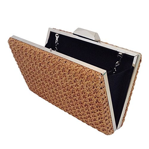 JNB Natural Straw Box Clutch, Tan - Image 4