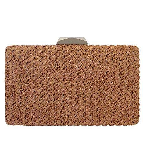 JNB Natural Straw Box Clutch, Tan - Image 1