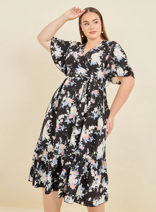 Styli Floral Print Tiered Midi Dress with Self Tie Up