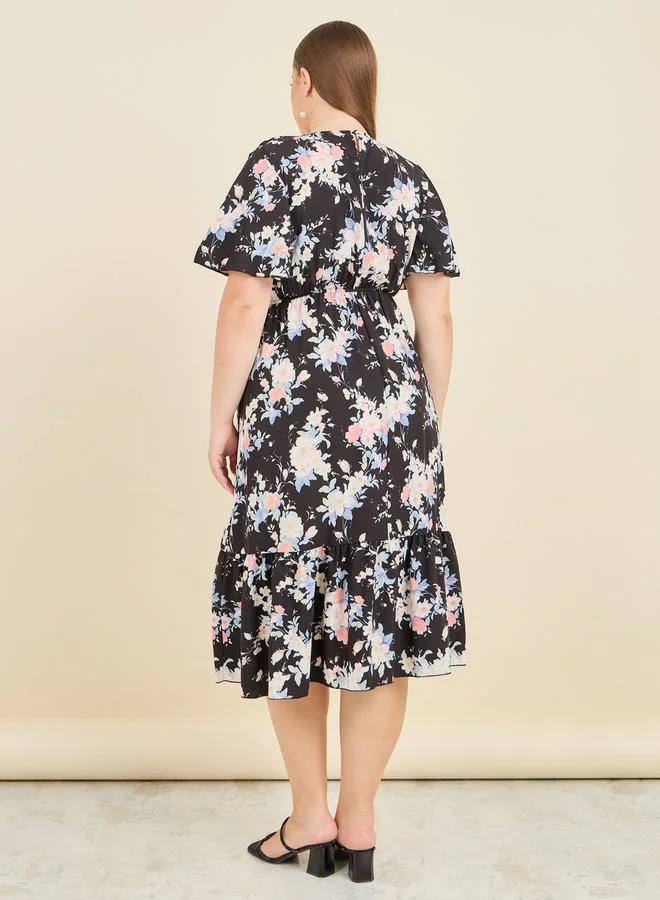 Styli Floral Print Tiered Midi Dress with Self Tie Up