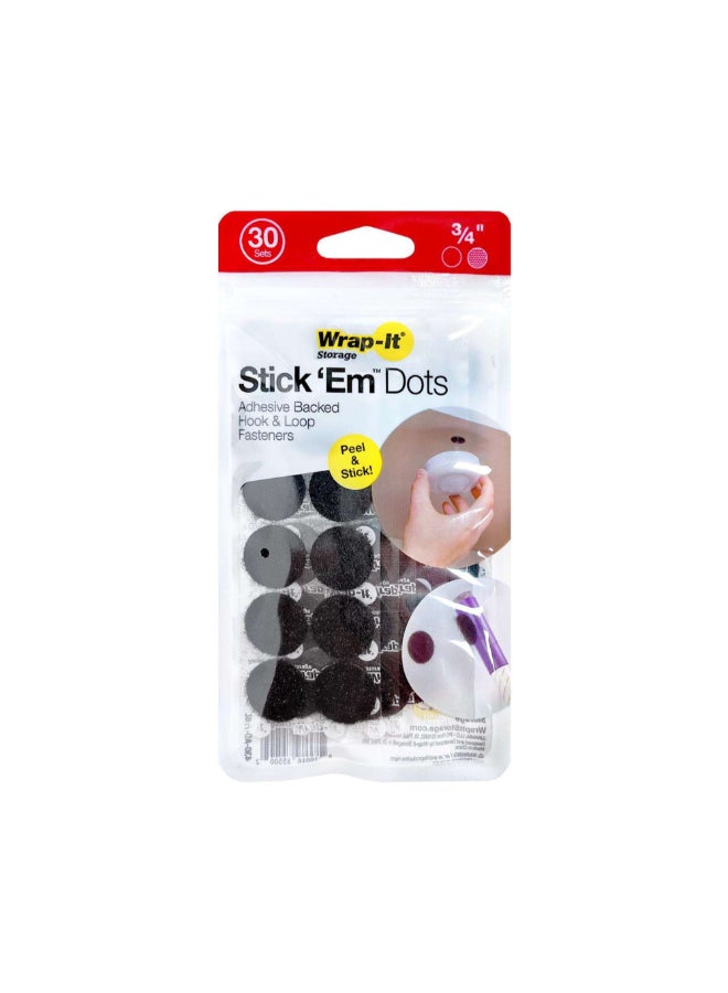 Wrap-It Storage 30-Sets Stick 'Em Adhesive Backed Hook and Loop Fastener Dots Black 3/4 Inch 430-AD-75BL - Image 1