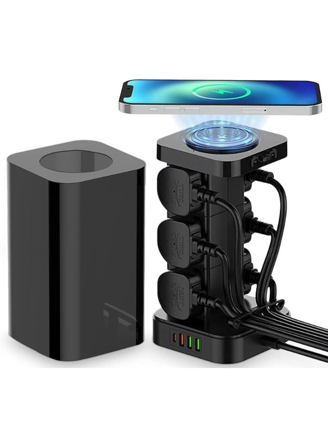 3 in 1 Power Extension Cord With Wireless Charger And Cable Management Box with lock 4 USB Ports (32W 1* PD 18W 1* QC3.0,2* USB-A) And 6 Outlets 2500W Power Socket for Home Office And More