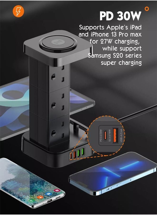 LDNIO - 3 in 1 Power Extension Cord With Wireless Charger  And Cable Management Box with lock 4 USB Ports (30W 1* PD 18W 1* QC3.0,2* USB-A)  And 6 Outlets 2500W Power Socket for Home Office And More - Image 1