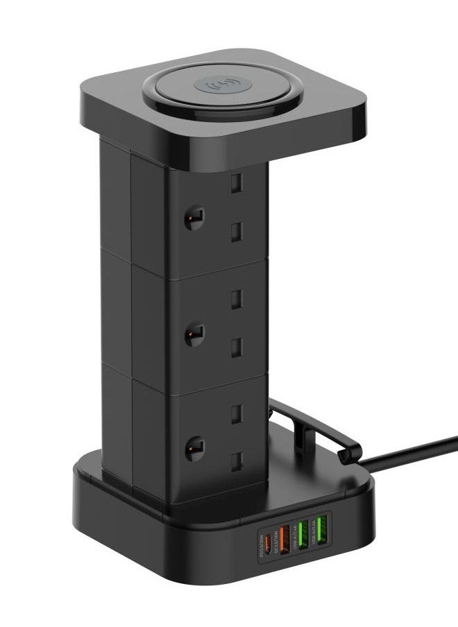 LDNIO - 3 in 1 Power Extension Cord With Wireless Charger  And Cable Management Box with lock 4 USB Ports (30W 1* PD 18W 1* QC3.0,2* USB-A)  And 6 Outlets 2500W Power Socket for Home Office And More - Image 1